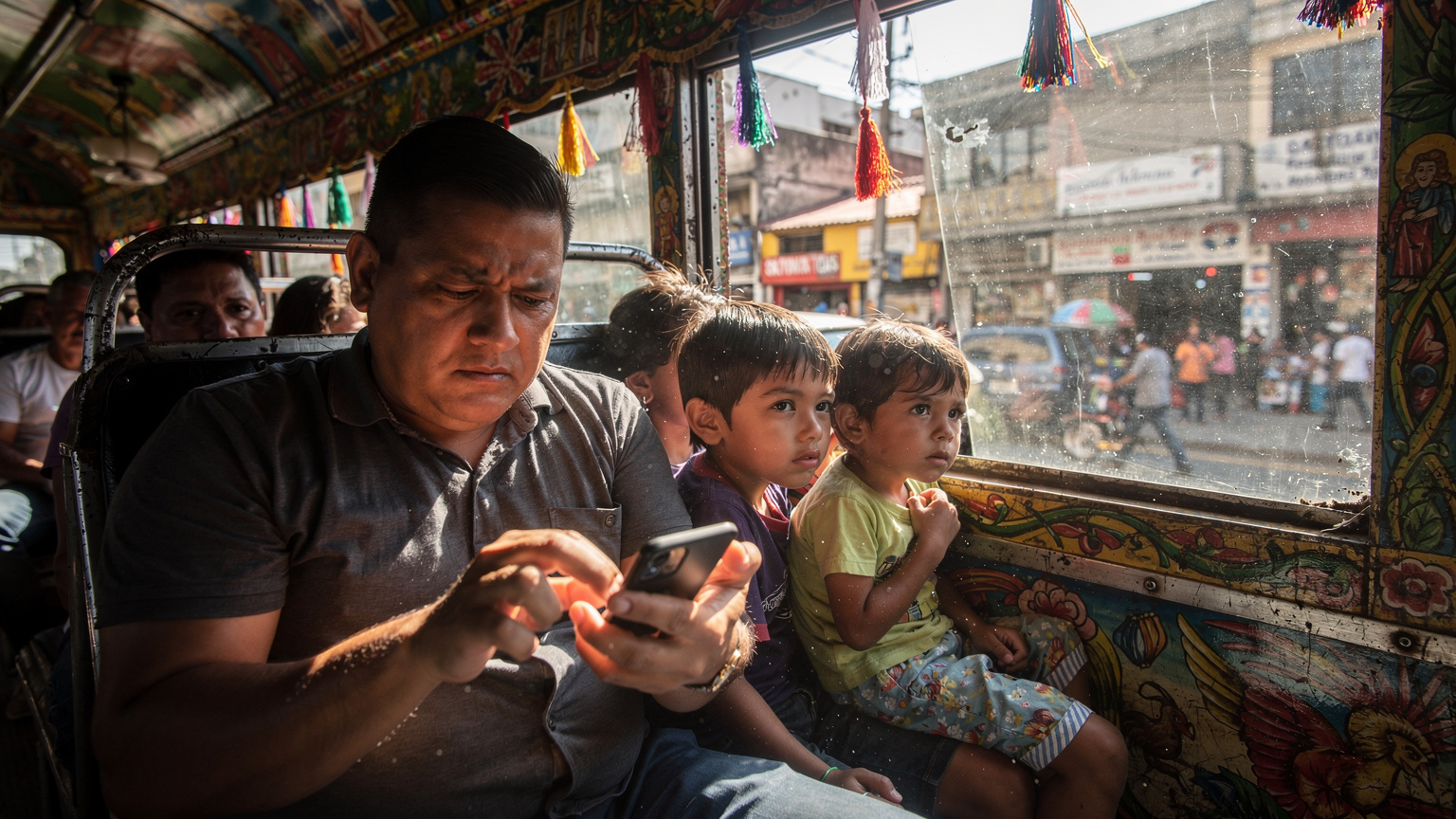 Un padre, ligeramente frustrado, intentando activar una eSIM en su teléfono mientras está sentado en un asiento estrecho de un colorido autobús de "chicken bus" en San Salvador, con sus dos hijos mirando con impaciencia por la ventana a las calles de la ciudad.