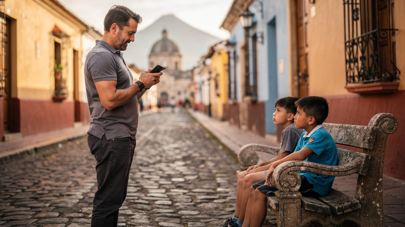 Un padre usando su teléfono para navegar por un mapa, buscando un restaurante familiar en una calle adoquinada de Antigua, Guatemala, mientras sus hijos pequeños esperan sentados en un banco de piedra colonial, mirando a lo lejos.