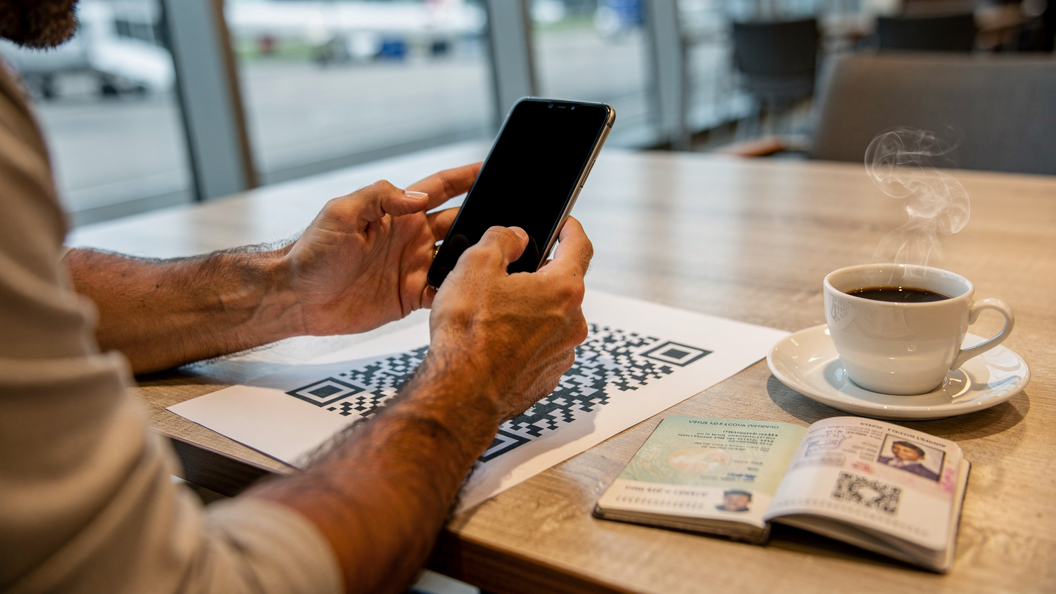 Primer plano de las manos de un padre sosteniendo un smartphone, escaneando un código QR de una eSIM en un aeropuerto de Centroamérica, con un pasaporte abierto y una taza de café en una mesa de madera cercana.