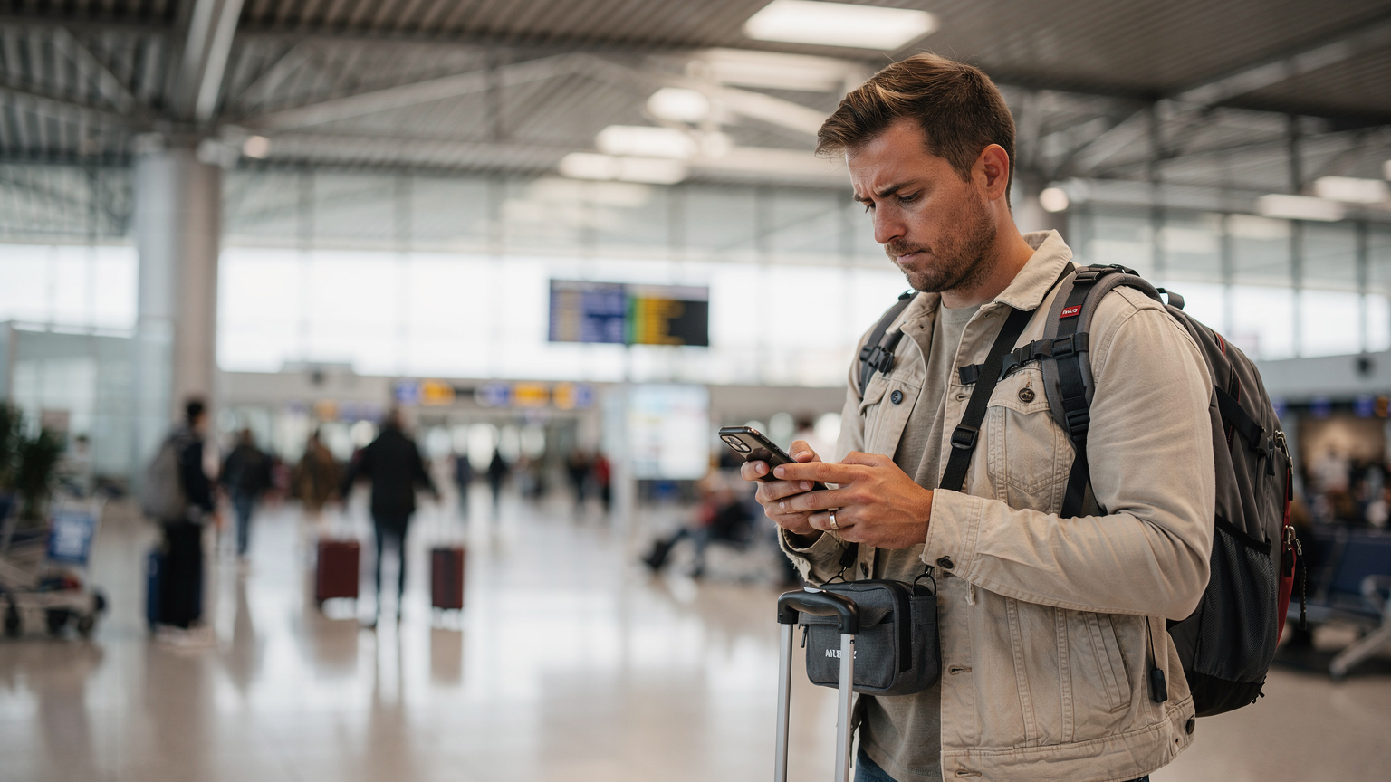 A traveler in Istanbul Airport, looking at their phone with a slightly confused expression, surrounded by other travelers and luggage, suggesting a moment of connectivity challenge.