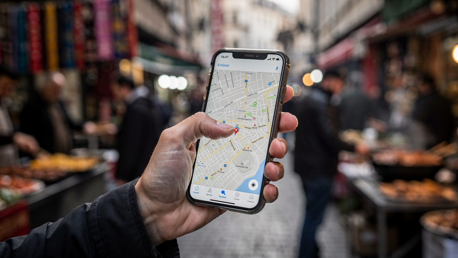 A close-up shot of a hand holding a smartphone, with fingers navigating a map application, set against a blurred background of a bustling Istanbul street market.