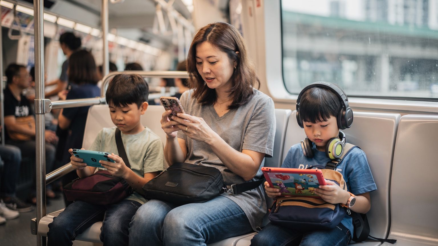 在香港繁忙的地铁车厢内,一位母亲用手机设置eSIM,她的两个孩子坐在旁边,一个看着平板电脑,一个玩着Switch游戏机,展现了旅行中对网络连接的依赖。