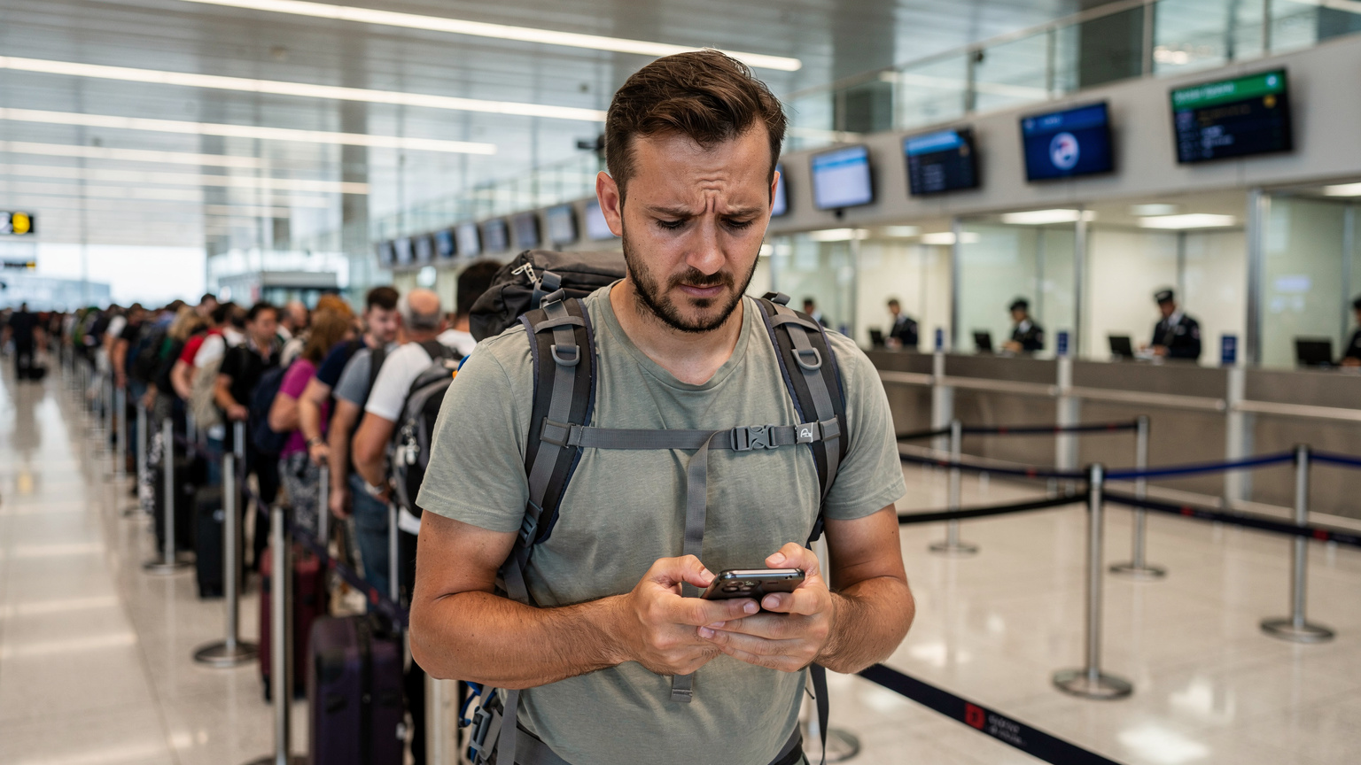 Yorgun bir sırt çantalı gezgin, İstanbul Havalimanı'nın kalabalık bir gümrük kapısında pasaport kontrol sırasını beklerken, elinde akıllı telefonuna endişeyle bakıyor. Yüzünde hafif bir hayal kırıklığı var.