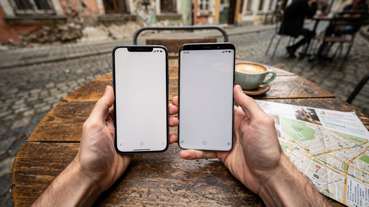 O persoană ține două telefoane, unul iPhone și unul Android, cu ecranele vizibile, într-o comparație directă, pe o masă de cafenea din Centrul Vechi al Bucureștiului.
