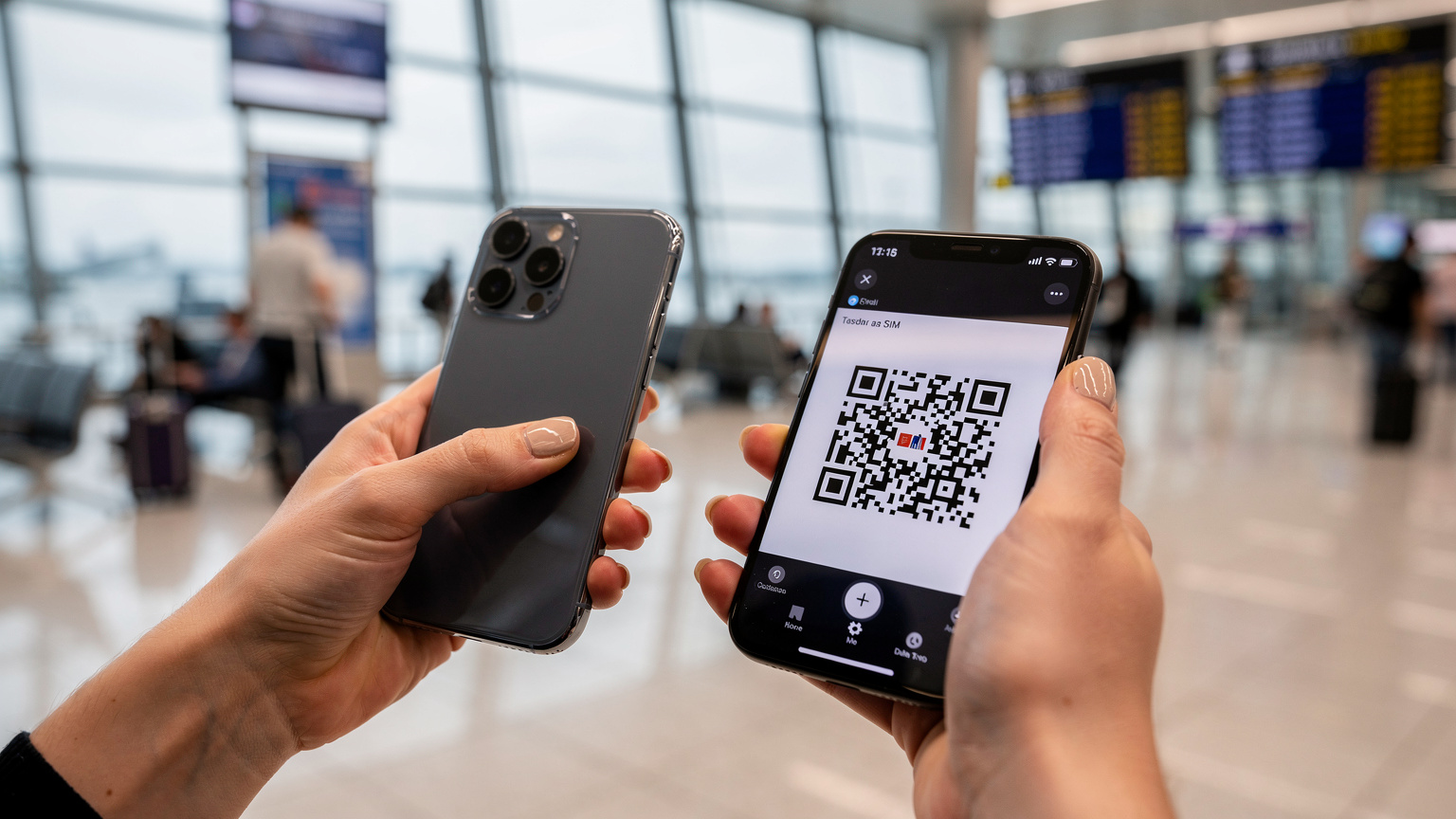 Крупний план рук української жінки, яка тримає смартфон і сканує QR-код eSIM у жвавому аеропорту Стамбула.