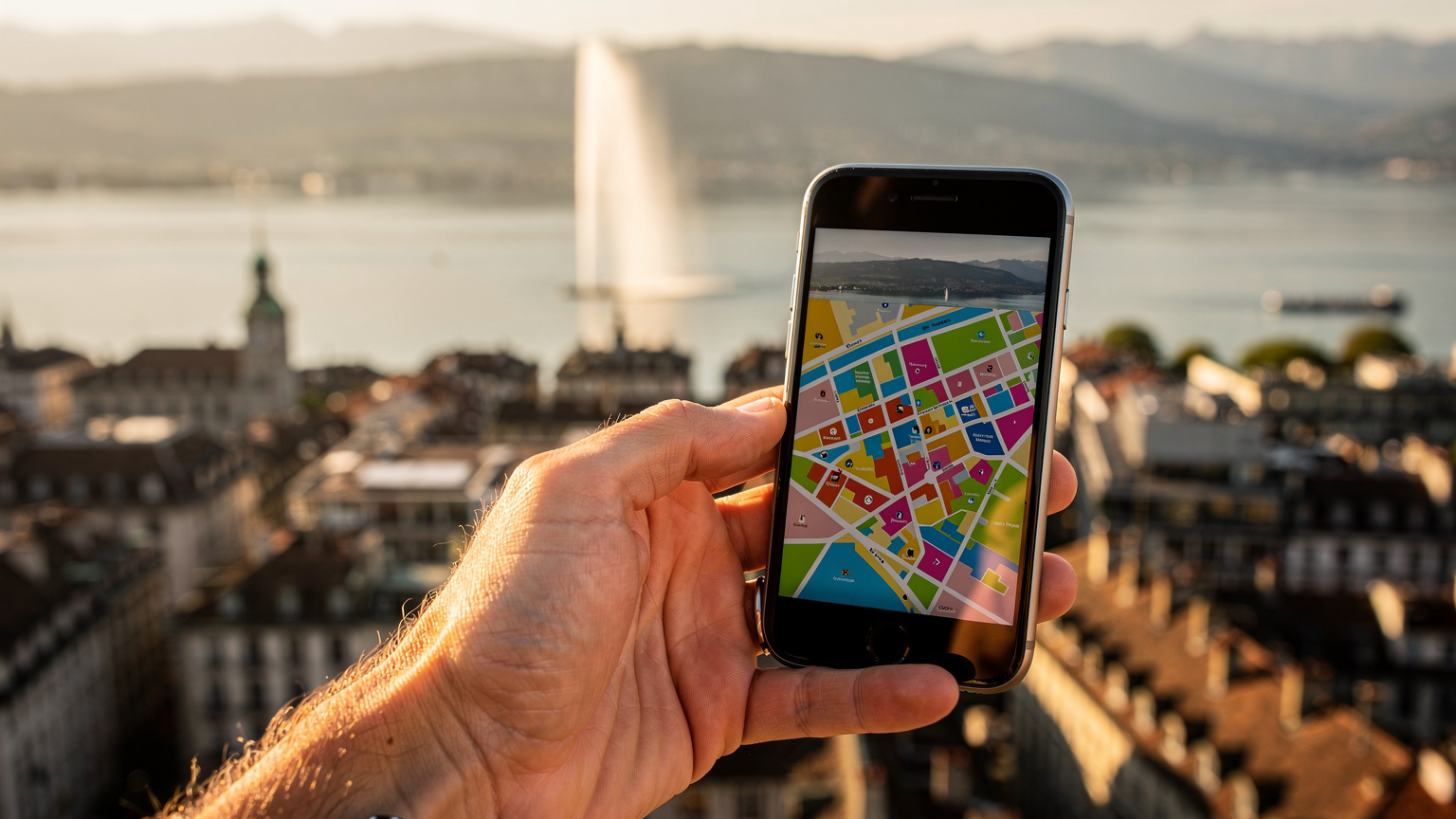 O mână ține un telefon mobil cu o aplicație de hărți deschisă, având pe fundal o vedere panoramică a orașului Geneva și a faimosului Jet d'Eau. Lumina soarelui de după-amiază.