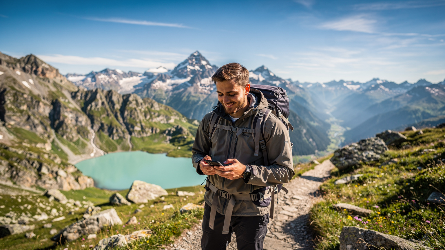 Un tată cu rucsac de drumeție își verifică telefonul, având pe fundal vârfuri montane și un lac cristalin din Elveția. Lumina soarelui de dimineață, clară și vibrantă.