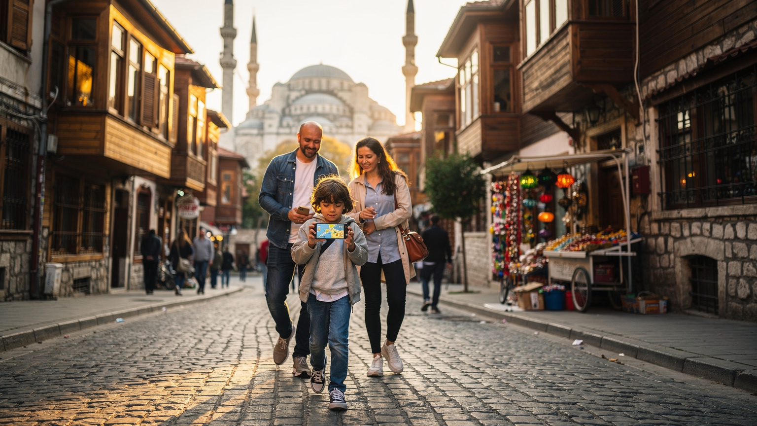 İstanbul'un tarihi sokaklarında, bir çocuk elindeki harita uygulamasını kullanırken, ailesiyle birlikte gezinti yapıyor. Arkada Sultanahmet Camii'nin minareleri görünüyor.
