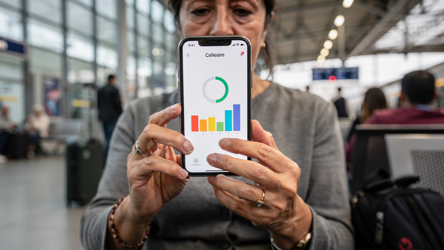 Bir annenin elinde, üzerinde Cellesim logosu bulunan bir akıllı telefon, çocuklarının izlediği bir çizgi filmden dolayı veri tüketimi uyarısı gösteriyor. Arka planda kalabalık bir Avrupa tren garının bekleme alanı görünüyor.