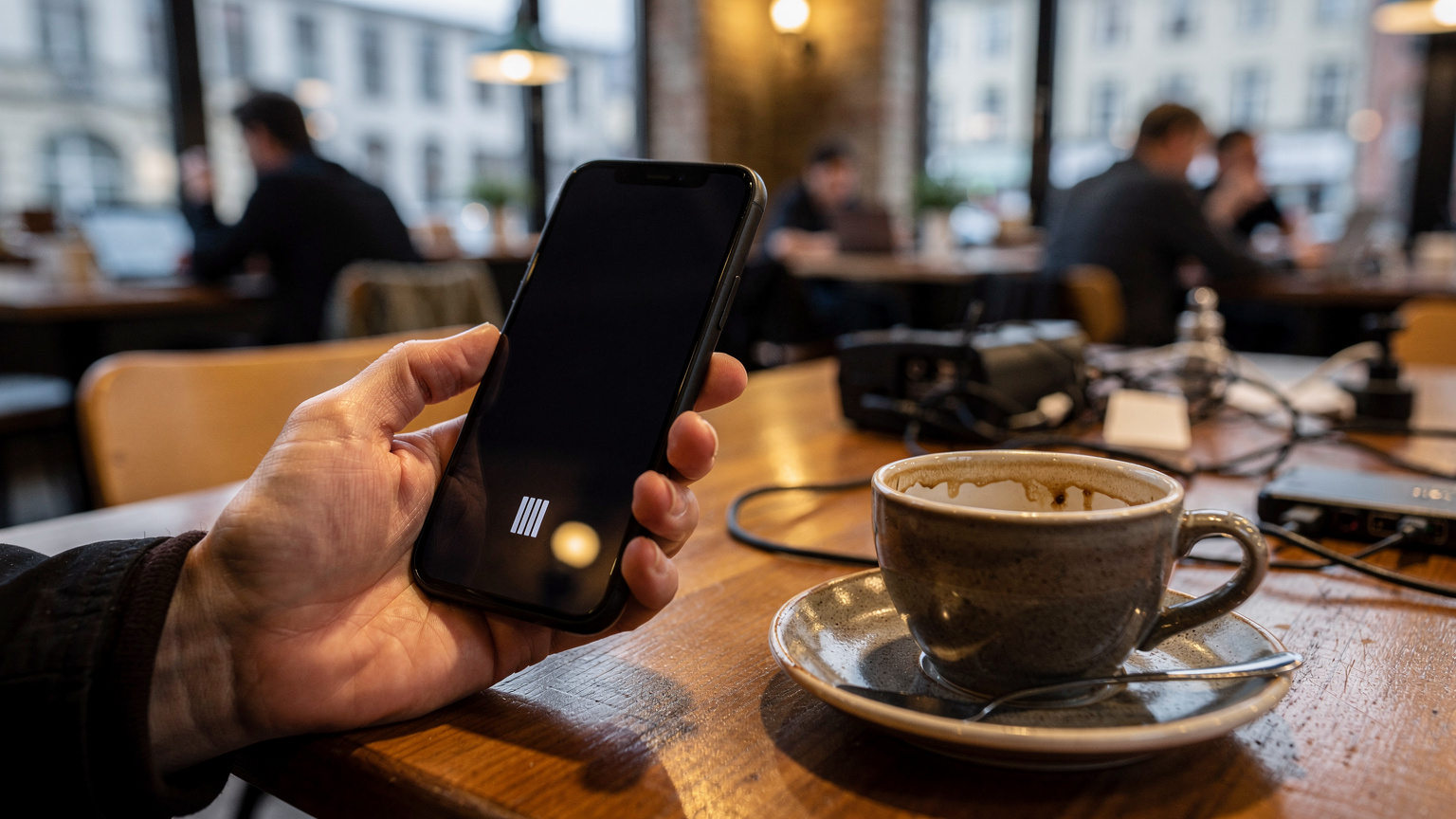 Eine Nahaufnahme eines Smartphones, das eine niedrige Signalstärke anzeigt, gehalten in einer Hand mit einer Tasse Kaffee auf einem Tisch in einem belebten Café.