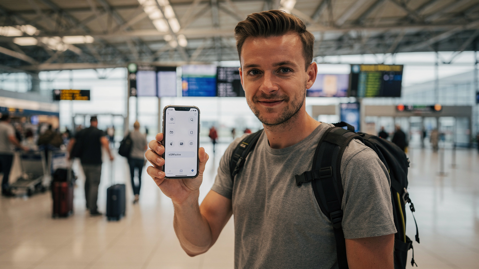 Eine Person hält ein Smartphone in der Hand, das eine Cellesim-App mit einer aktiven eSIM-Verbindung anzeigt, im Hintergrund ein geschäftiger europäischer Flughafen.