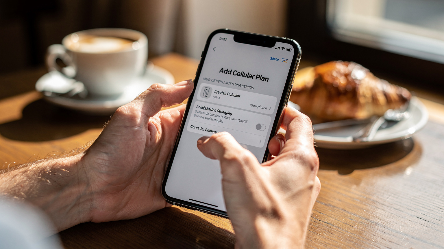 Gros plan sur des mains tenant un smartphone ouvert sur les réglages réseau, avec une option 'Ajouter un forfait cellulaire' visible, dans le cadre d'un café confortable à Vaduz.