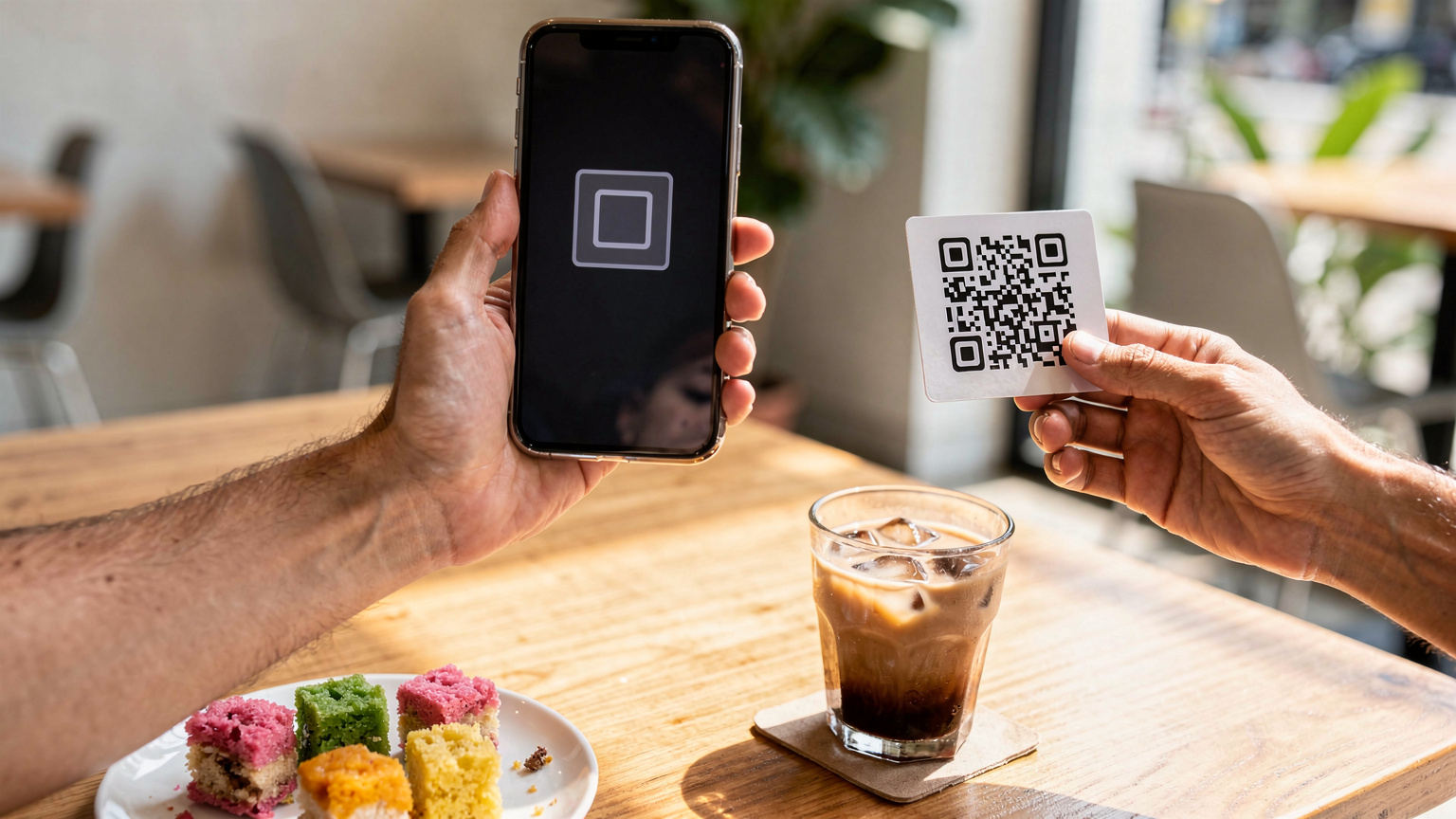 Close-up of a traveler's hands holding an iPhone, scanning a QR code for eSIM activation in a brightly lit, modern cafe in Jakarta. A half-eaten plate of local pastries sits on the table.