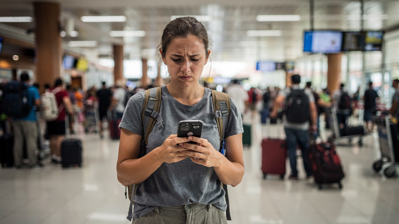 A traveler looking frustrated at their phone screen inside a crowded, somewhat chaotic Ngurah Rai International Airport (Denpasar) arrivals hall, with luggage and other passengers in the background. The phone displays a 'no service' message.