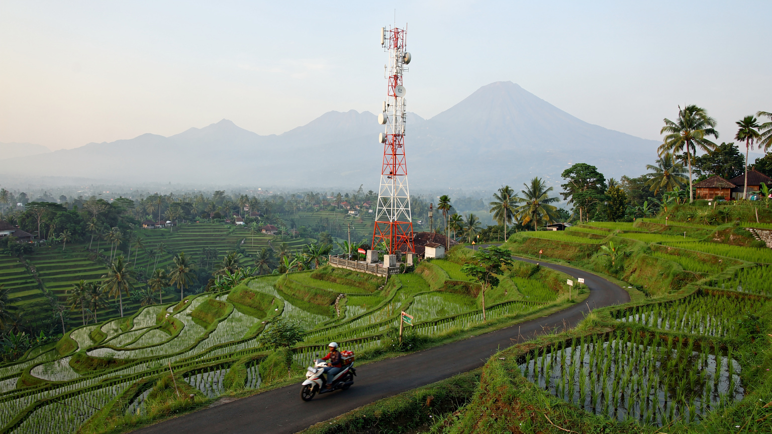 A Telkomsel antenna tower standing tall amidst lush green rice paddies and distant volcanic mountains in rural Bali, with a scooter passing by on a narrow road.