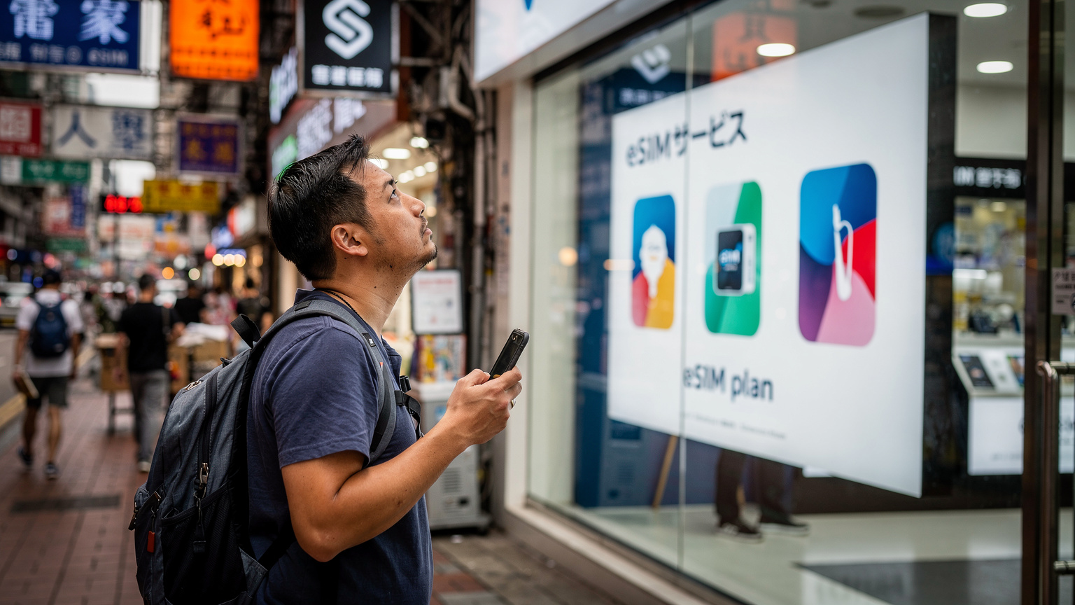 一名游客在香港旺角的街头,拿着一部不支持eSIM的中国大陆版iPhone,面对着一家运营商门店的eSIM广告牌,脸上露出无奈的表情。