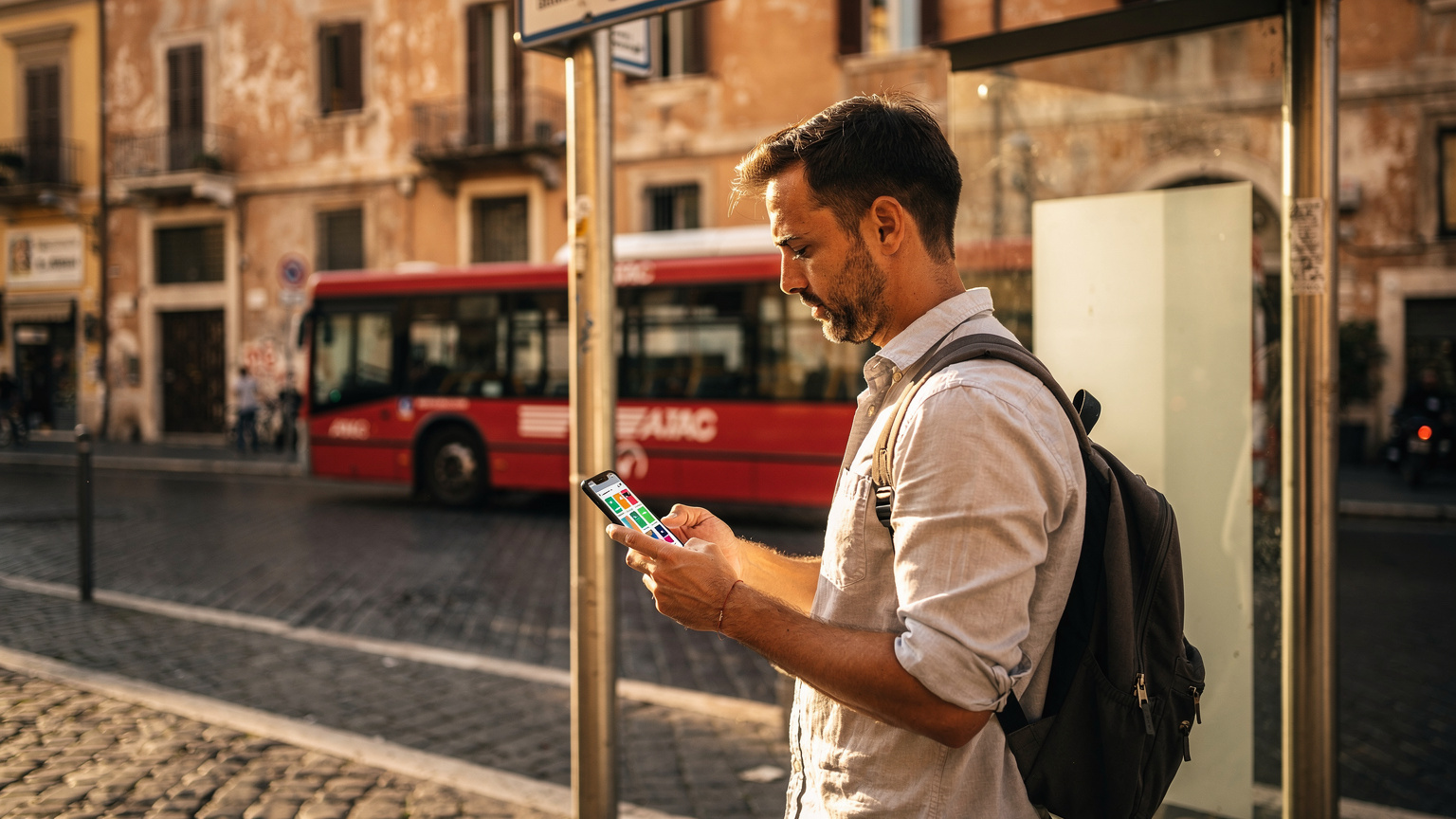 Un călător folosește o aplicație de transport în comun pe telefon, în timp ce așteaptă la o stație de autobuz din Roma, cu un autobuz ATAC vizibil în fundal.