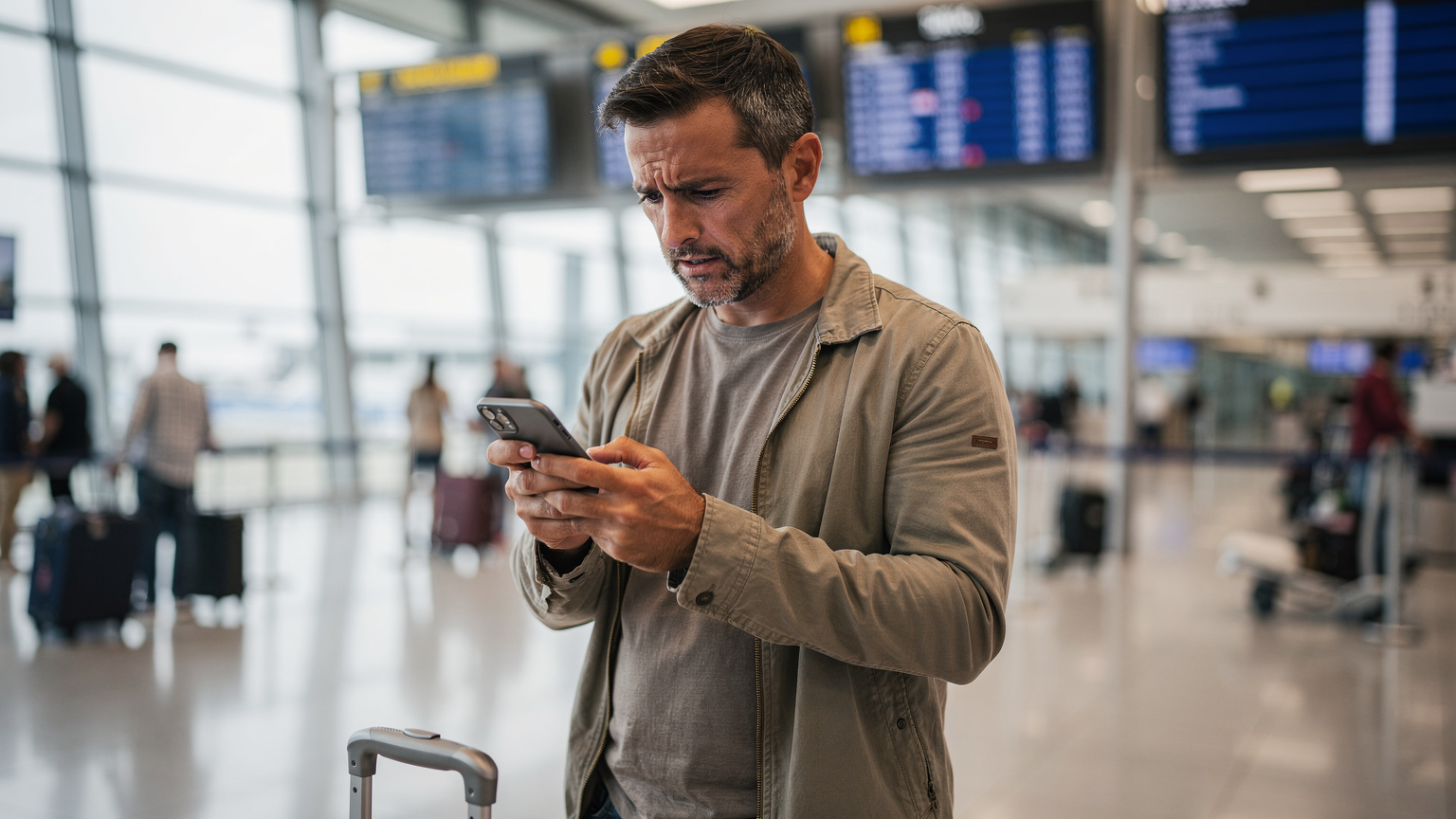 Un bărbat se uită cu o expresie îngrijorată la ecranul telefonului său, într-o zonă aglomerată de sosiri dintr-un aeroport italian, cu bagaje lângă el.