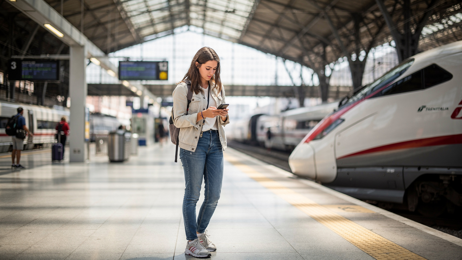 O călătoare consultă harta pe telefon în timp ce așteaptă trenul la o gară modernă din Italia.
