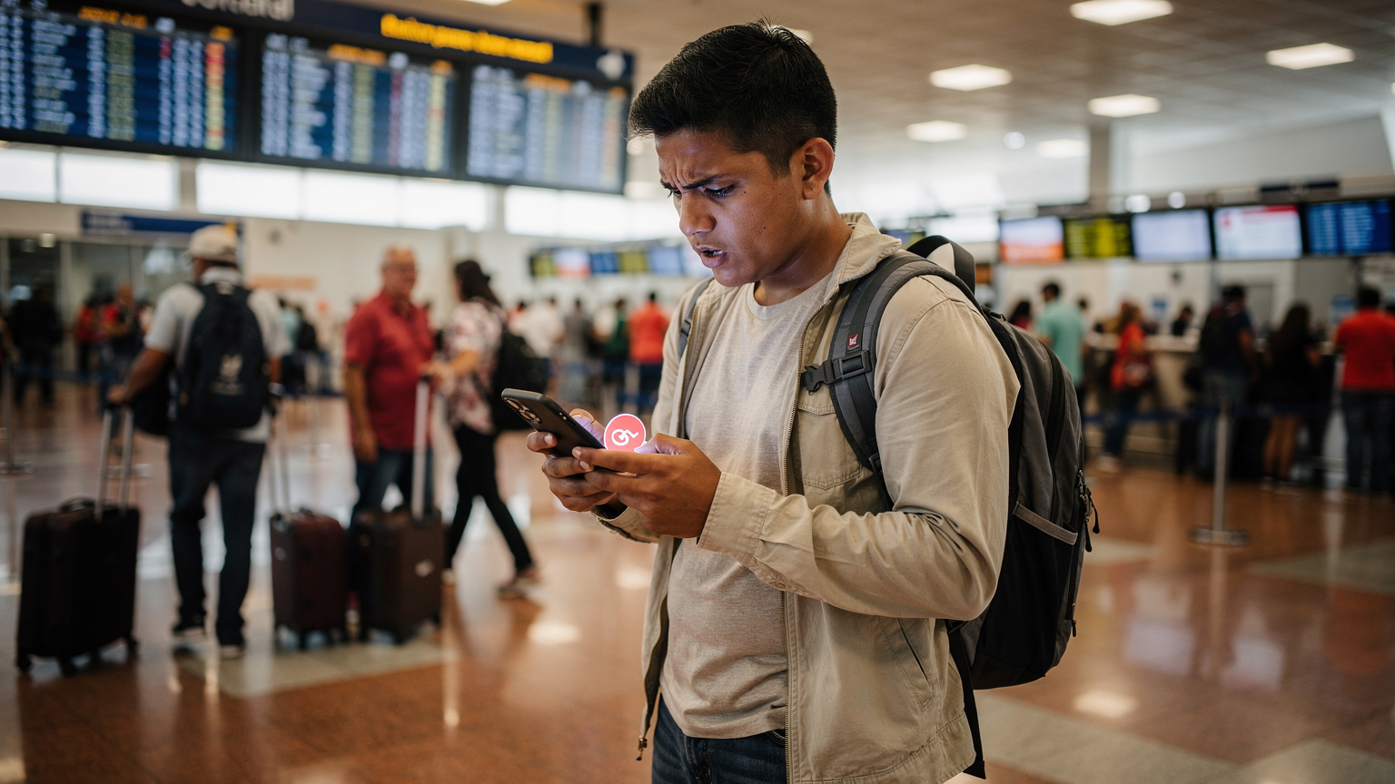 Un viajero frustrado en un aeropuerto latinoamericano, mirando su teléfono con la pantalla de error, mientras la gente pasa a su alrededor.