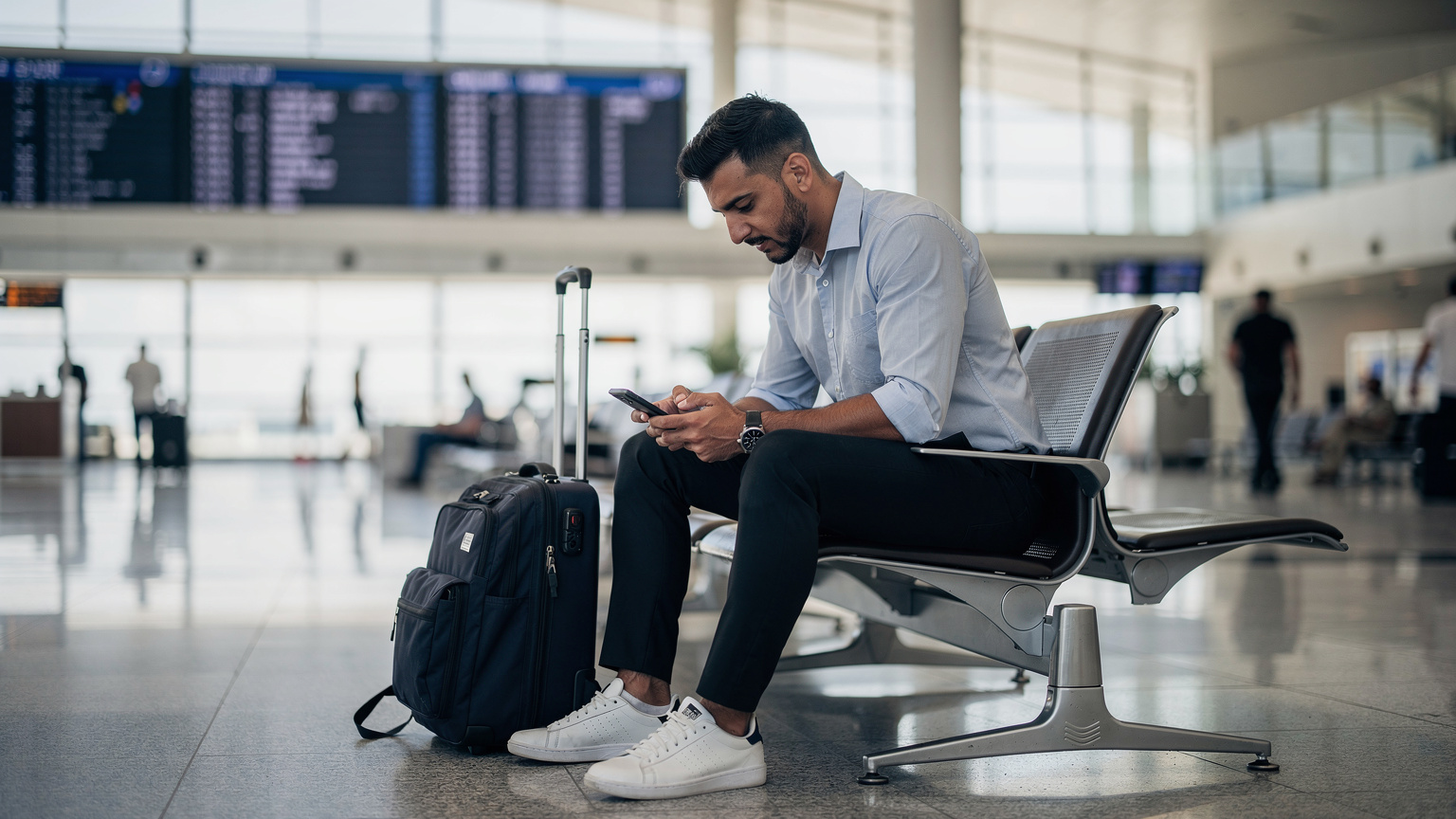مسافر يستخدم هاتفه لتفعيل شريحة eSIM في صالة الوصول بمطار البحرين الدولي، بينما يظهر خلفه لوحة عرض الرحلات المغادرة والقادمة.