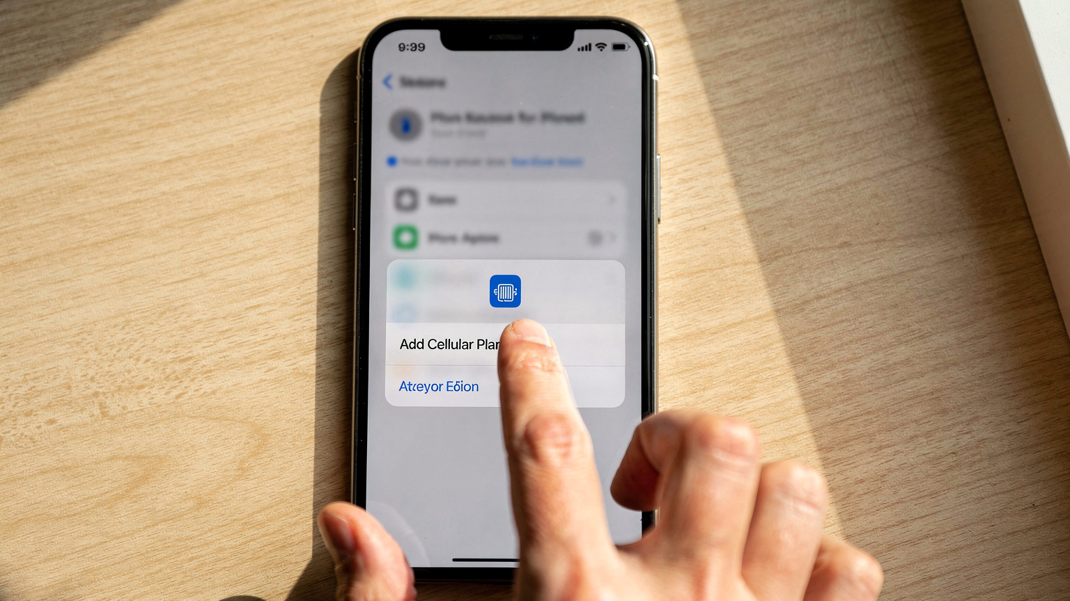 صورة مقربة لهاتف ذكي يعرض شاشة إعدادات الشبكة، حيث تظهر أيقونة eSIM نشطة، مع أصابع يد بشرية تضغط على خيار "إضافة خطة خلوية".