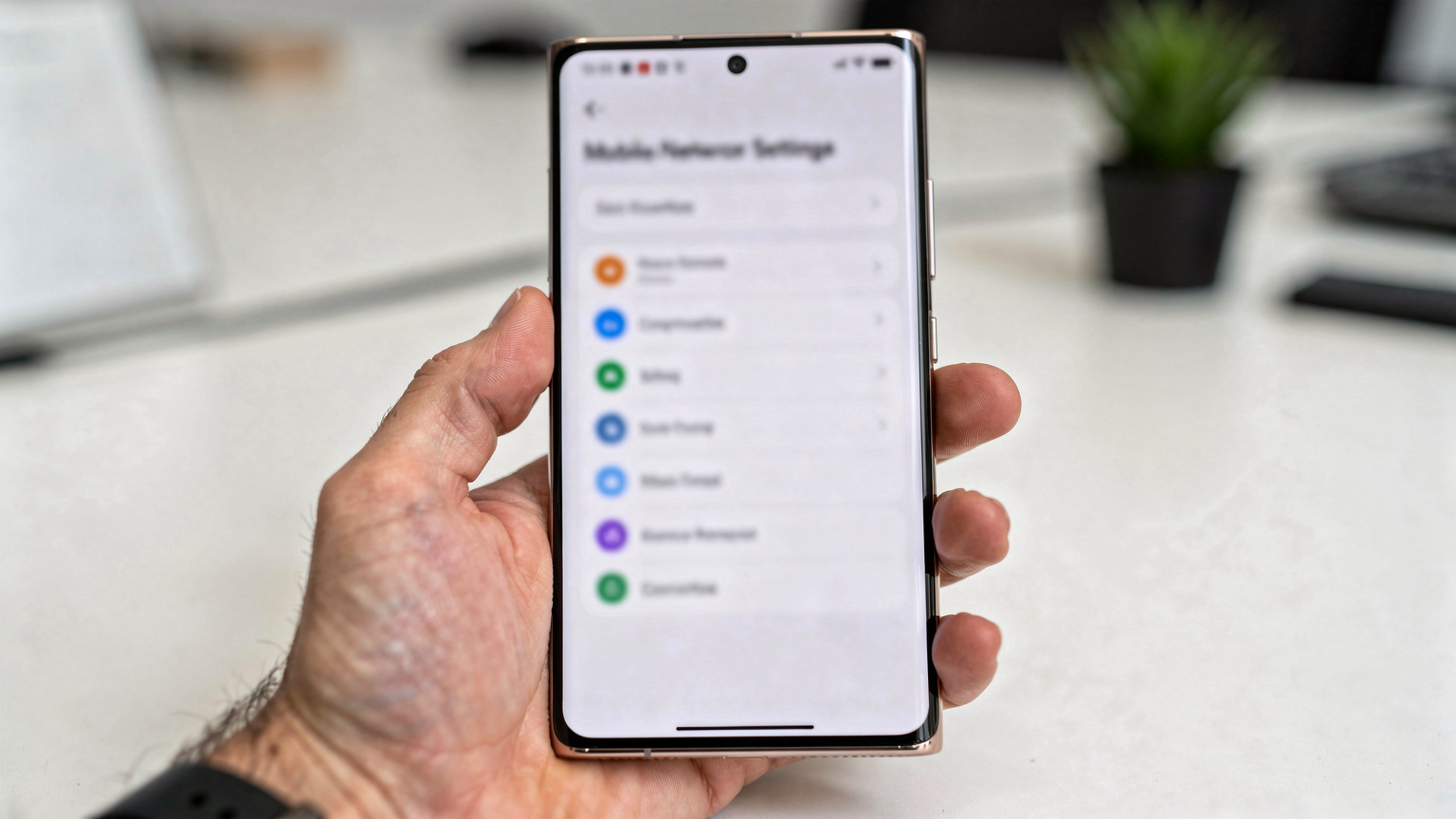 Крупный план руки, держащей смартфон Samsung Galaxy S24 Ultra, на экране которого отображается меню настроек SIM-карт, где четко видны опции для управления eSIM, в современной, минималистичной обстановке.
