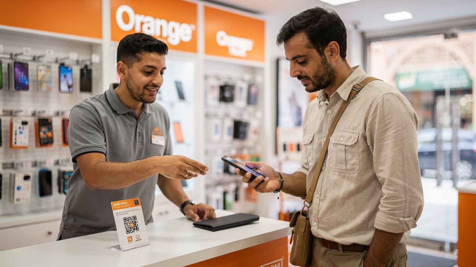 Un voyageur dans une boutique Orange Maroc à Marrakech, scannant un QR code eSIM avec son téléphone, le personnel de la boutique l'aidant.