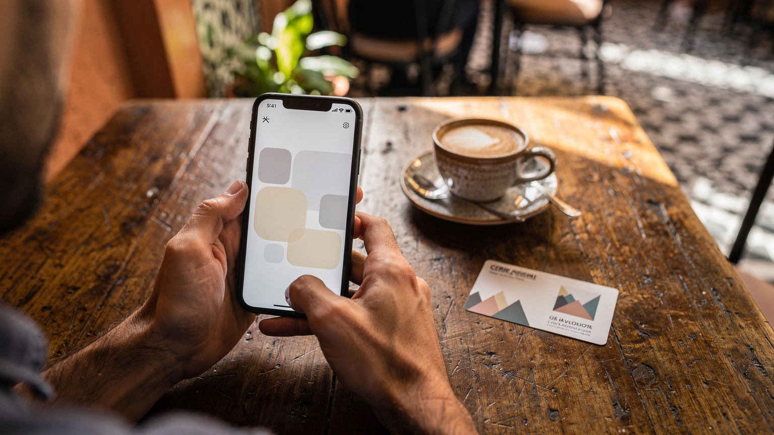 Un homme tenant son smartphone avec un écran de paramètres d'eSIM, une carte de café posée sur une table en bois dans un café branché de Gueliz à Marrakech.