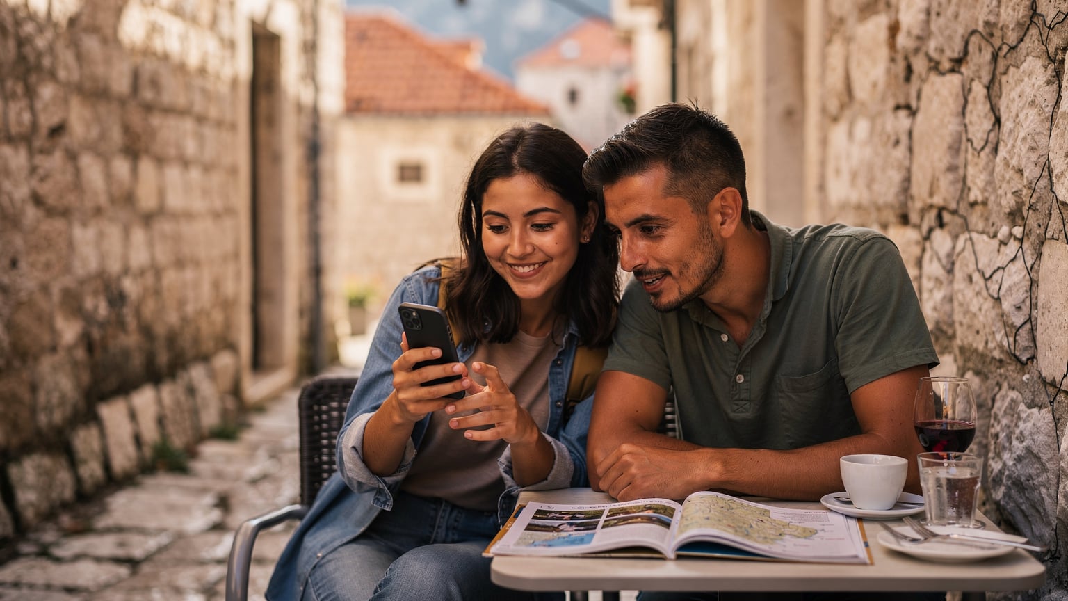 Couple in Kotor cafe, Montenegro, looking at smartphone, travel guide on table, historic town in background.