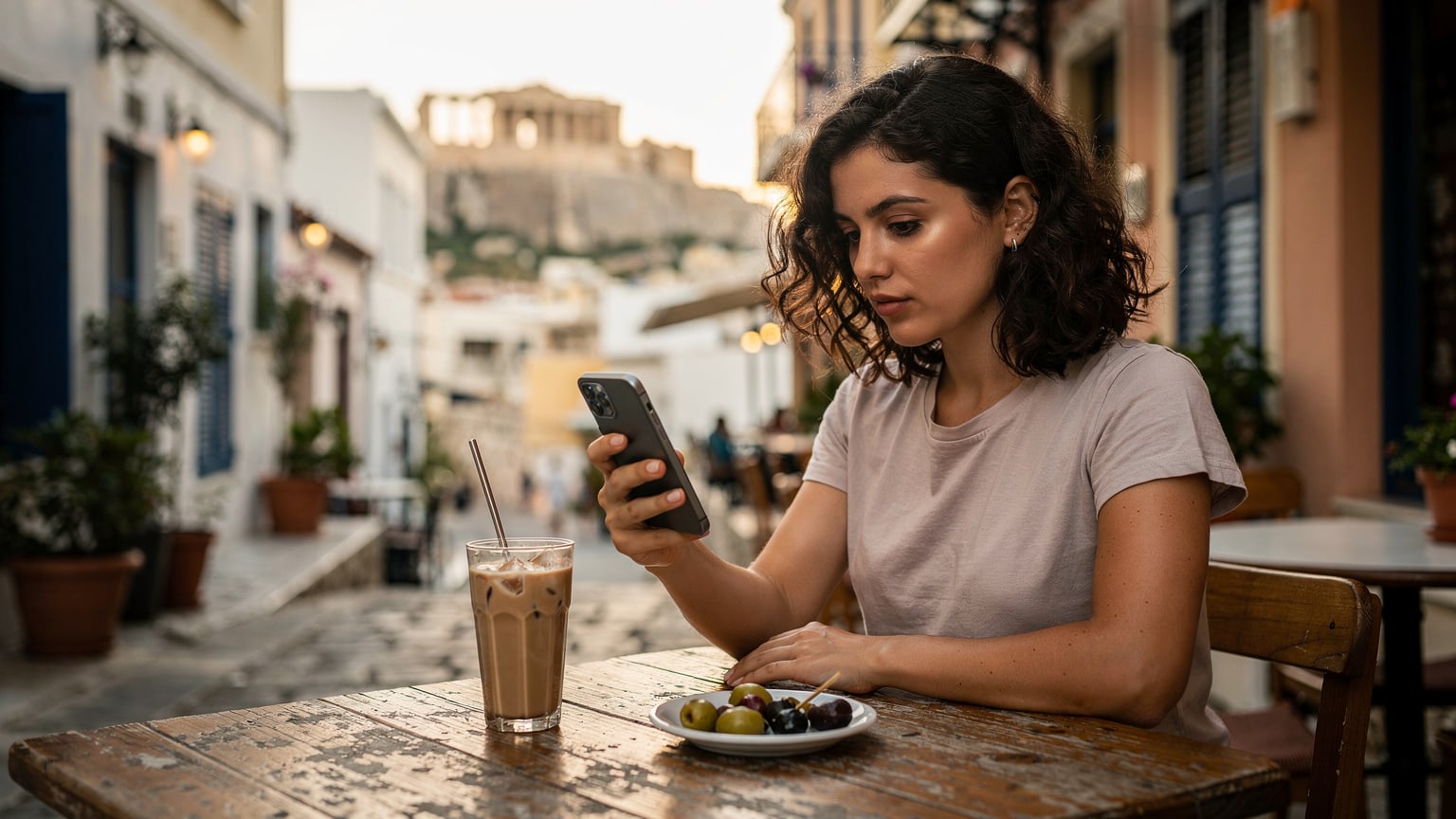 Woman activating eSIM on phone at a Greek taverna in Athens, Acropolis in background, natural light.