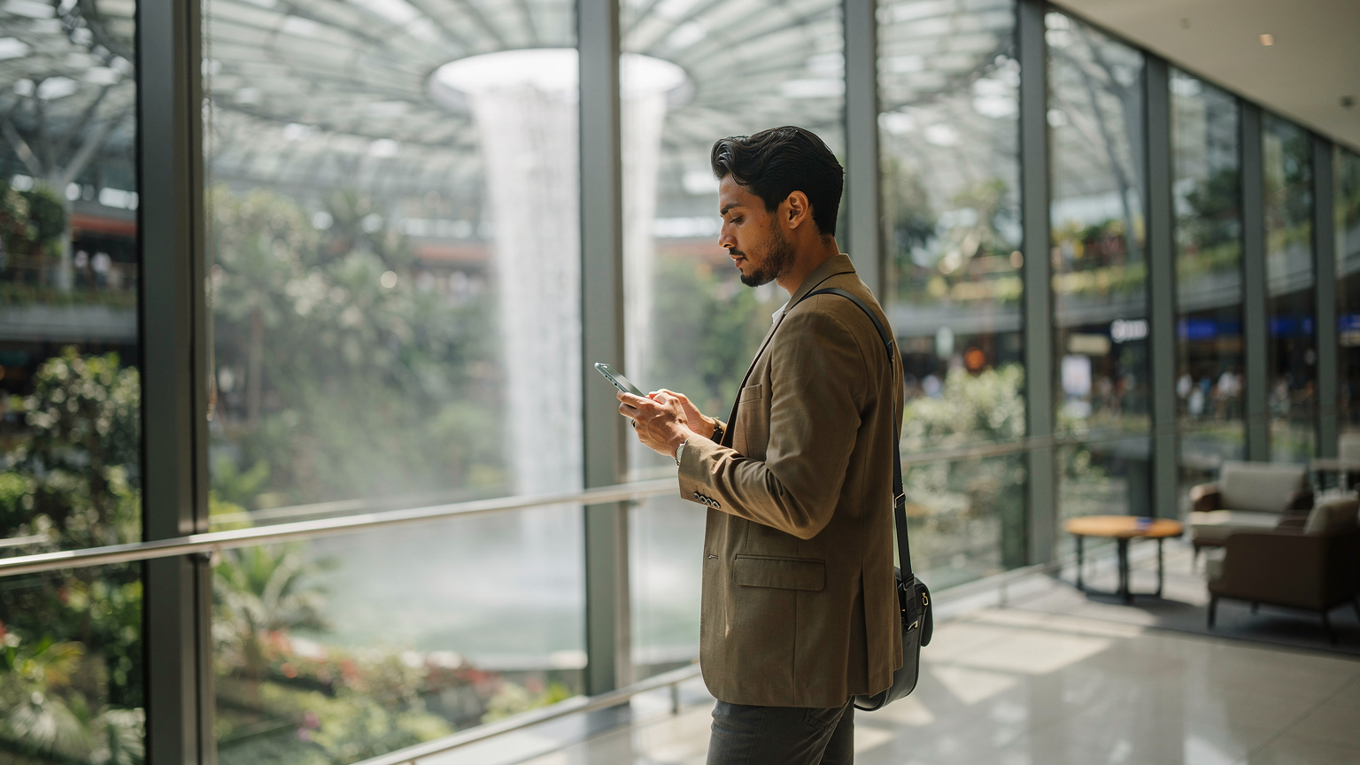 Traveler checking phone with eSIM in Singapore Changi Airport, Rain Vortex in background. Global connectivity.