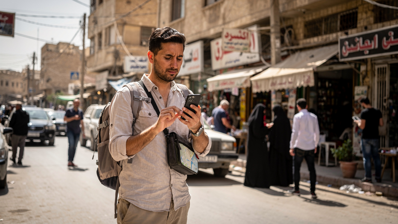 مسافر يستخدم هاتفه لفتح تطبيق خرائط في شارع مزدحم بمنطقة المنصور في بغداد، مع محلات تجارية ولافتات عربية في الخلفية.