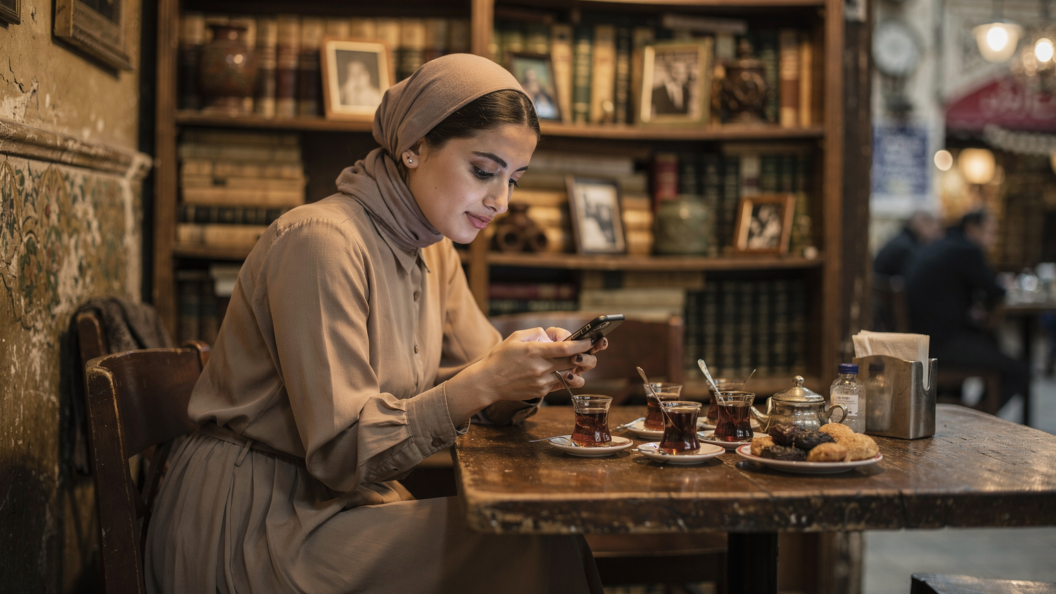 امرأة شابة تتفحص هاتفها في مقهى تقليدي في سوق الشورجة ببغداد، مع كتب وفناجين شاي على الطاولة المحيطة بها.