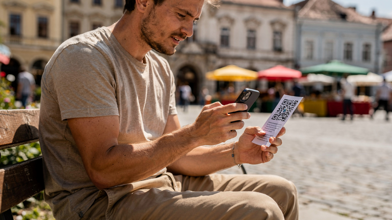 Ein Reisender scannt einen QR-Code auf seinem Smartphone, um eine eSIM zu aktivieren, während er auf einer Bank an einem sonnigen Marktplatz in Sarajevo sitzt.