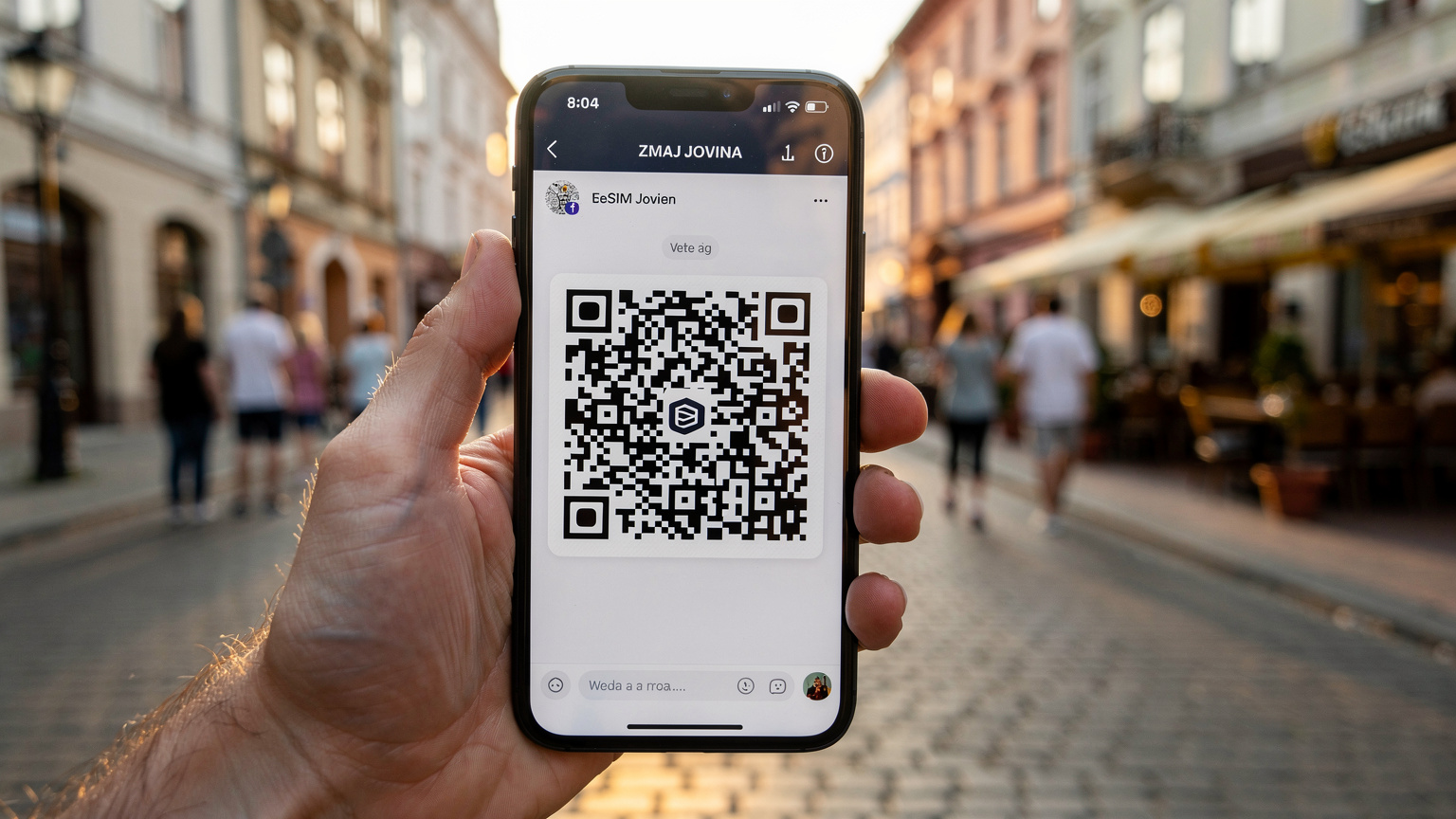 Eine Hand hält ein Smartphone mit einer geöffneten E-Mail, die einen QR-Code für die eSIM-Aktivierung zeigt, vor dem Hintergrund einer belebten Fußgängerzone in Novi Sad, Serbien.