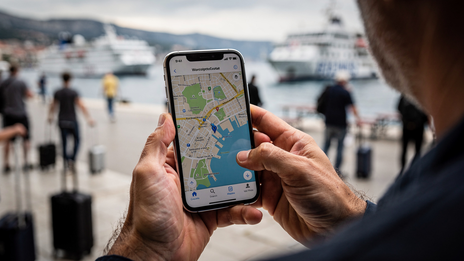 Ein Reisender hält sein Smartphone in der Hand, während er am Fährterminal in Split, Kroatien, auf die Abfahrt wartet und eine Landkarte auf dem Bildschirm angezeigt wird.