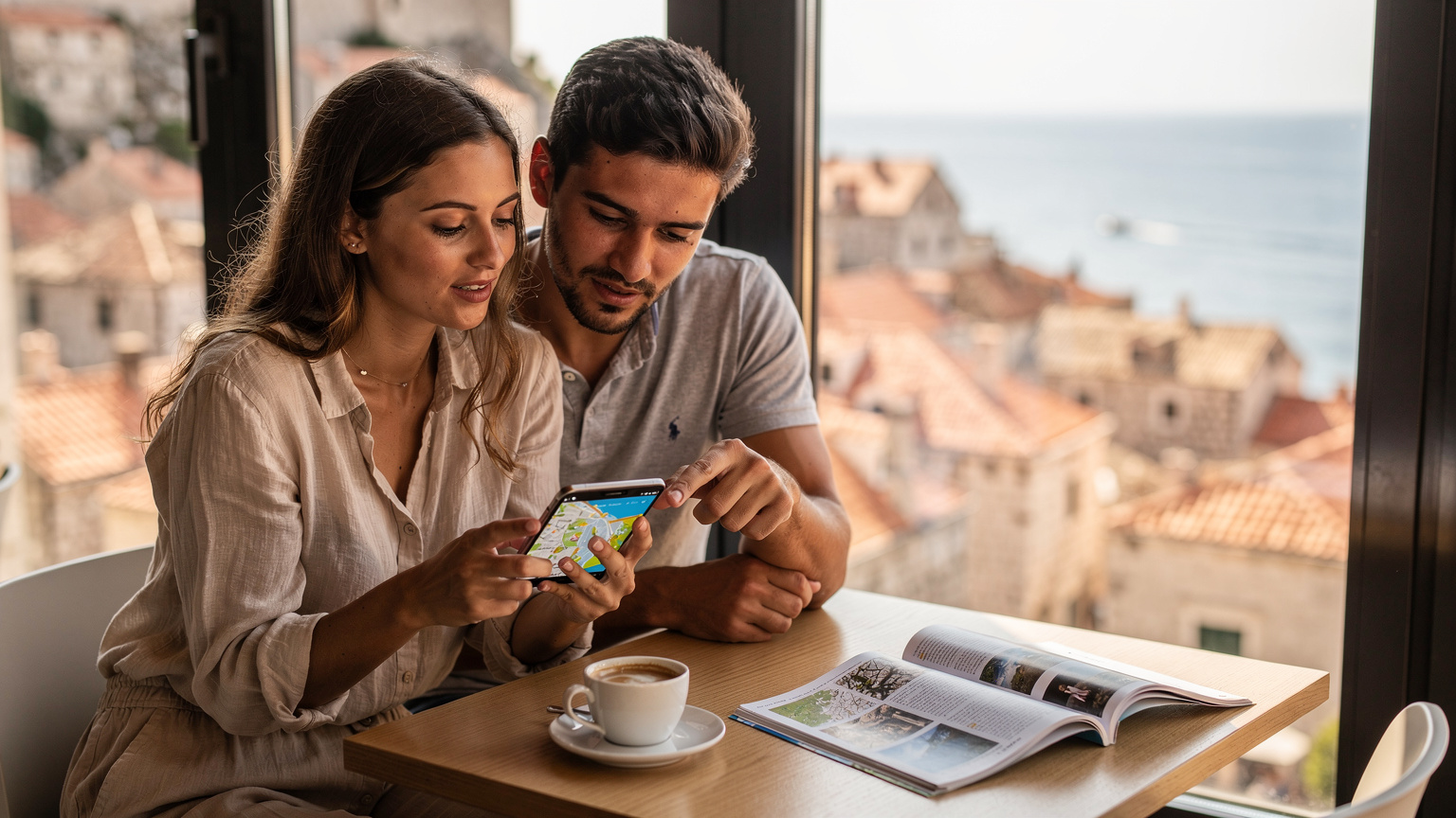 Couple in Dubrovnik cafe comparing eSIM plans on phone, historic rooftops in background. Travel tech scene.