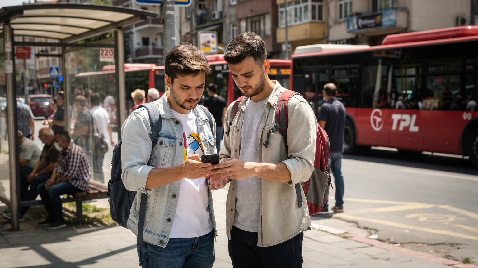 Un călător folosește o aplicație de hărți pe telefonul său în timp ce stă la o stație de autobuz aglomerată din Istanbul, cu autobuze roșii TPL și oameni așteptând în fundal, sub lumina puternică a soarelui de după-amiază.