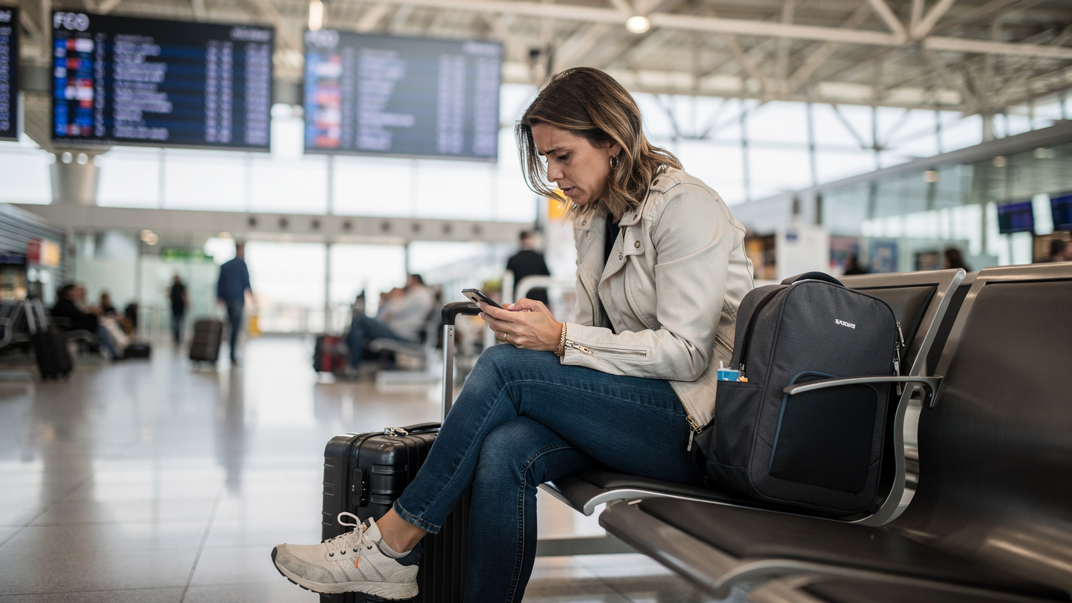 Una donna con uno sguardo preoccupato controlla il suo smartphone mentre è seduta su una panchina in un affollato terminal delle Partenze all'aeroporto di Roma Fiumicino, con le valigie accanto a lei.
