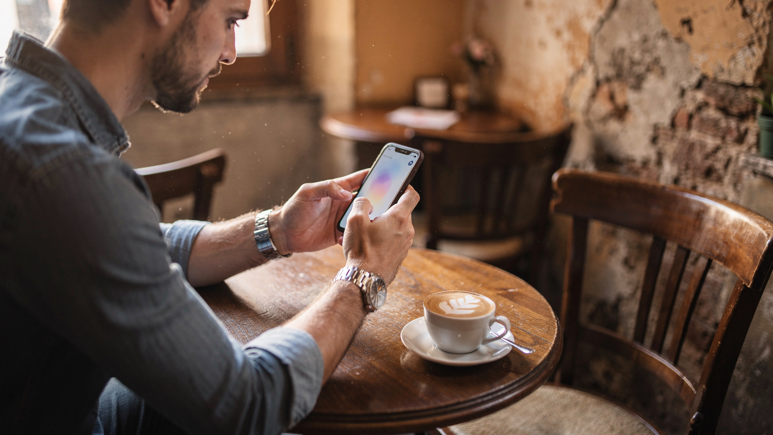 Un uomo installa una eSIM sul suo iPhone mentre è seduto a un tavolino di un caffè storico nel quartiere di Trastevere a Roma, con un cappuccino fumante e un'atmosfera rilassata.