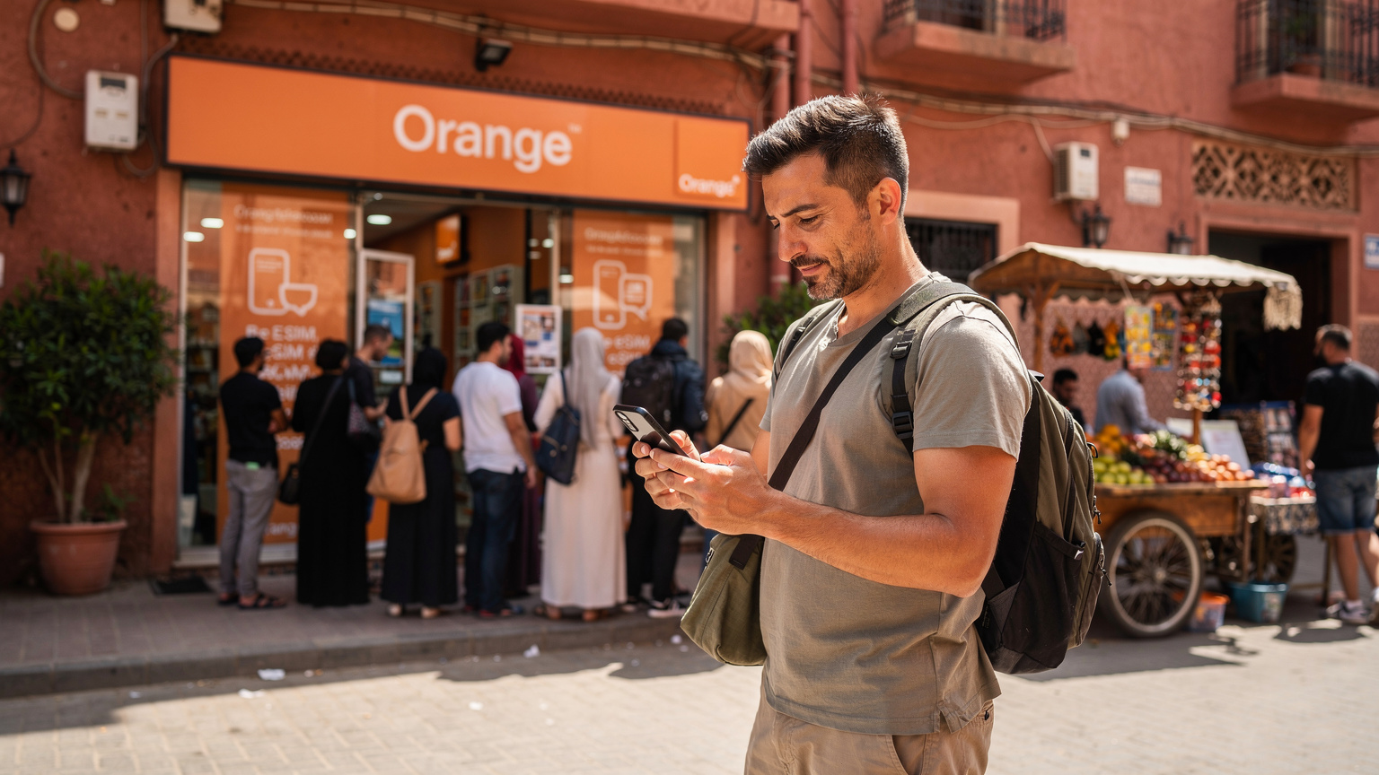 Un voyageur consulte un plan de ville sur son téléphone tout en faisant la queue devant une boutique Orange dans une rue animée de Marrakech, avec des affiches promotionnelles d'eSIM en arrière-plan et la lumière du soleil de fin de matinée.