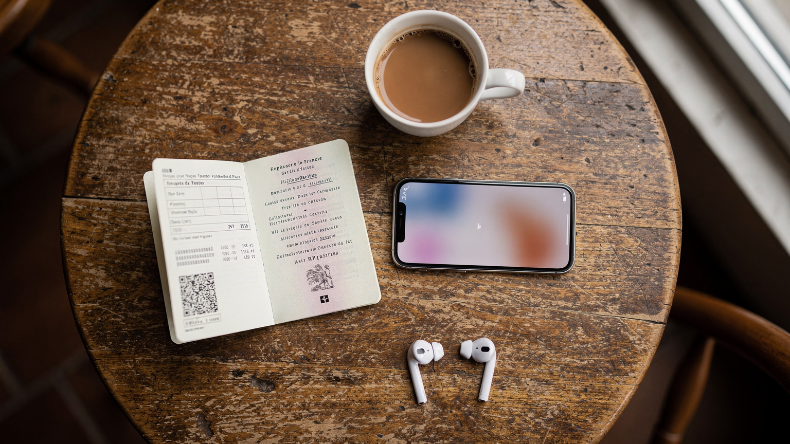 Vue plongeante sur une table de café en bois avec un passeport français ouvert, un smartphone affichant une application de voyage, une tasse de café et des écouteurs sans fil, le tout sous une lumière naturelle et diffuse d'intérieur.
