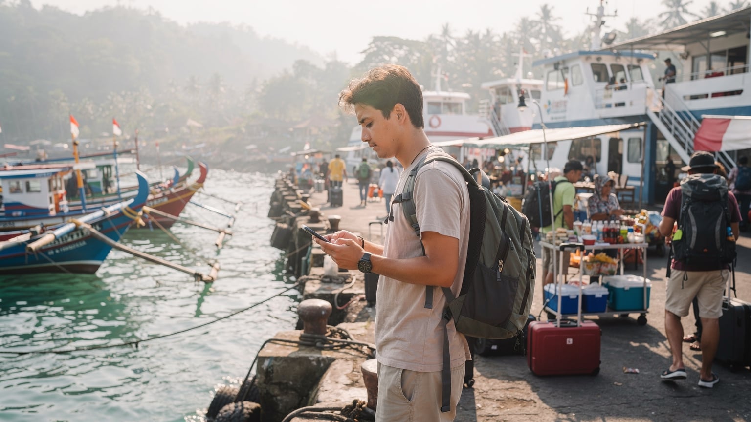 A traveler uses a Cellesim eSIM to navigate on their phone while waiting for a ferry at Padang Bai, Bali, with other backpackers and local boats in the background.