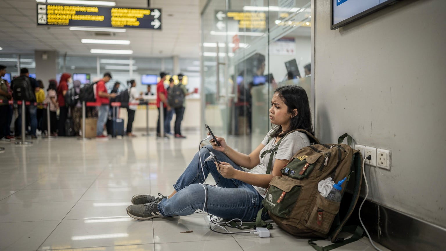 A budget traveler looking frustrated at their phone, trying to connect to Wi-Fi at a crowded airport immigration hall in Jakarta, Indonesia.