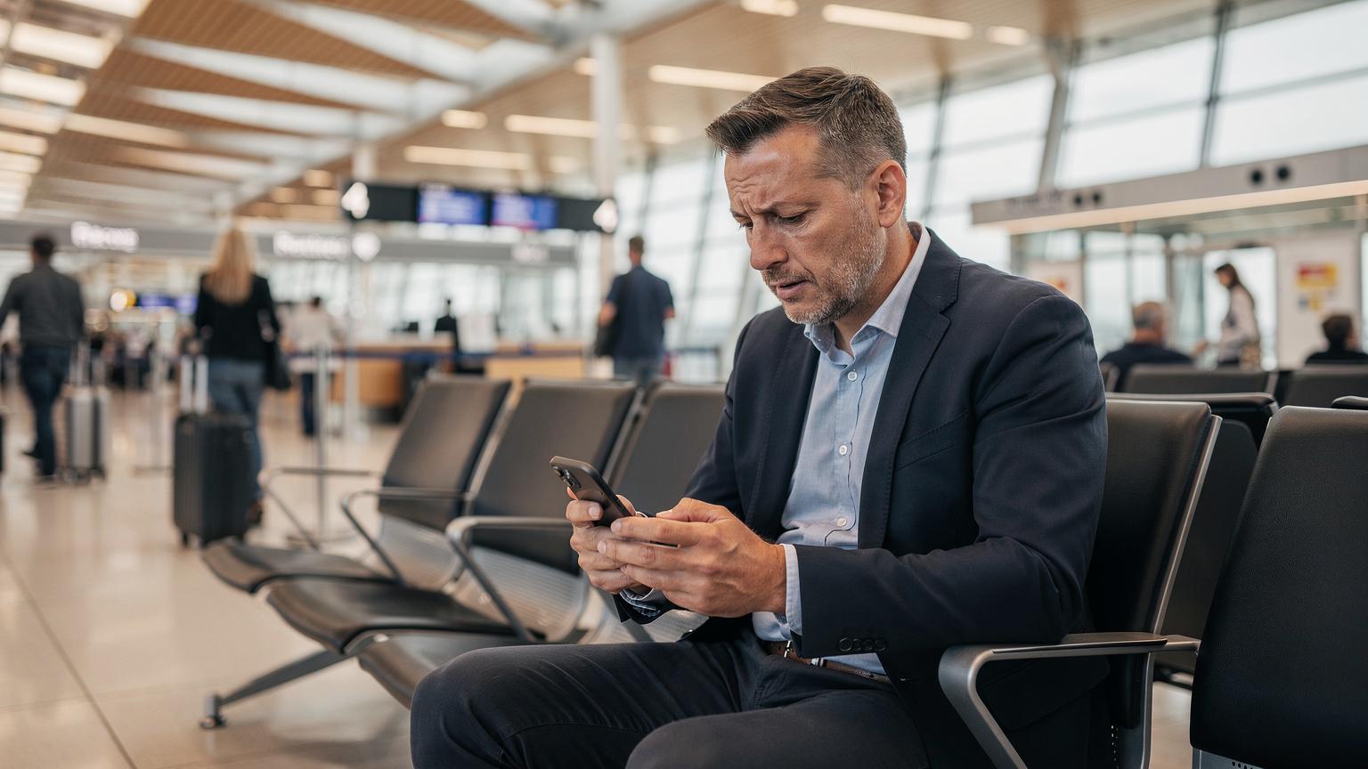 Ein Reisender am Flughafen Berlin Brandenburg (BER) wartet am Gate, blickt besorgt auf sein iPhone 11 mit einer Fehlermeldung zur Netzverbindung, was ein häufiges Problem bei falsch konfigurierten eSIMs oder Roaming-Einstellungen darstellt.