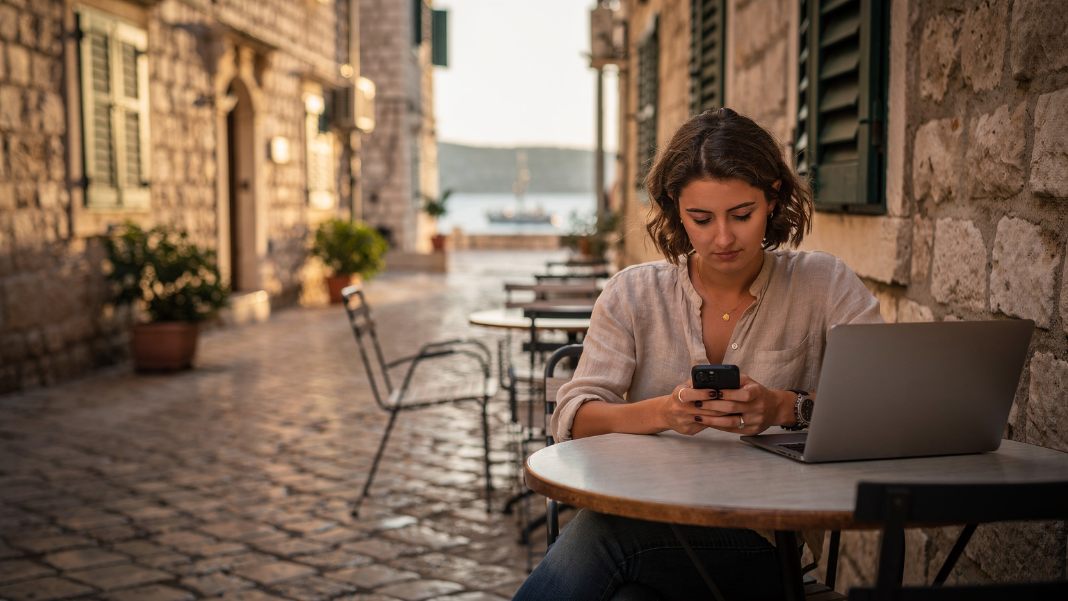 Eine junge Frau sitzt in einem Café in der Altstadt von Split, Kroatien, mit ihrem iPhone 11 und einem Laptop, während sie verschiedene eSIM-Angebote für die Region vergleicht.