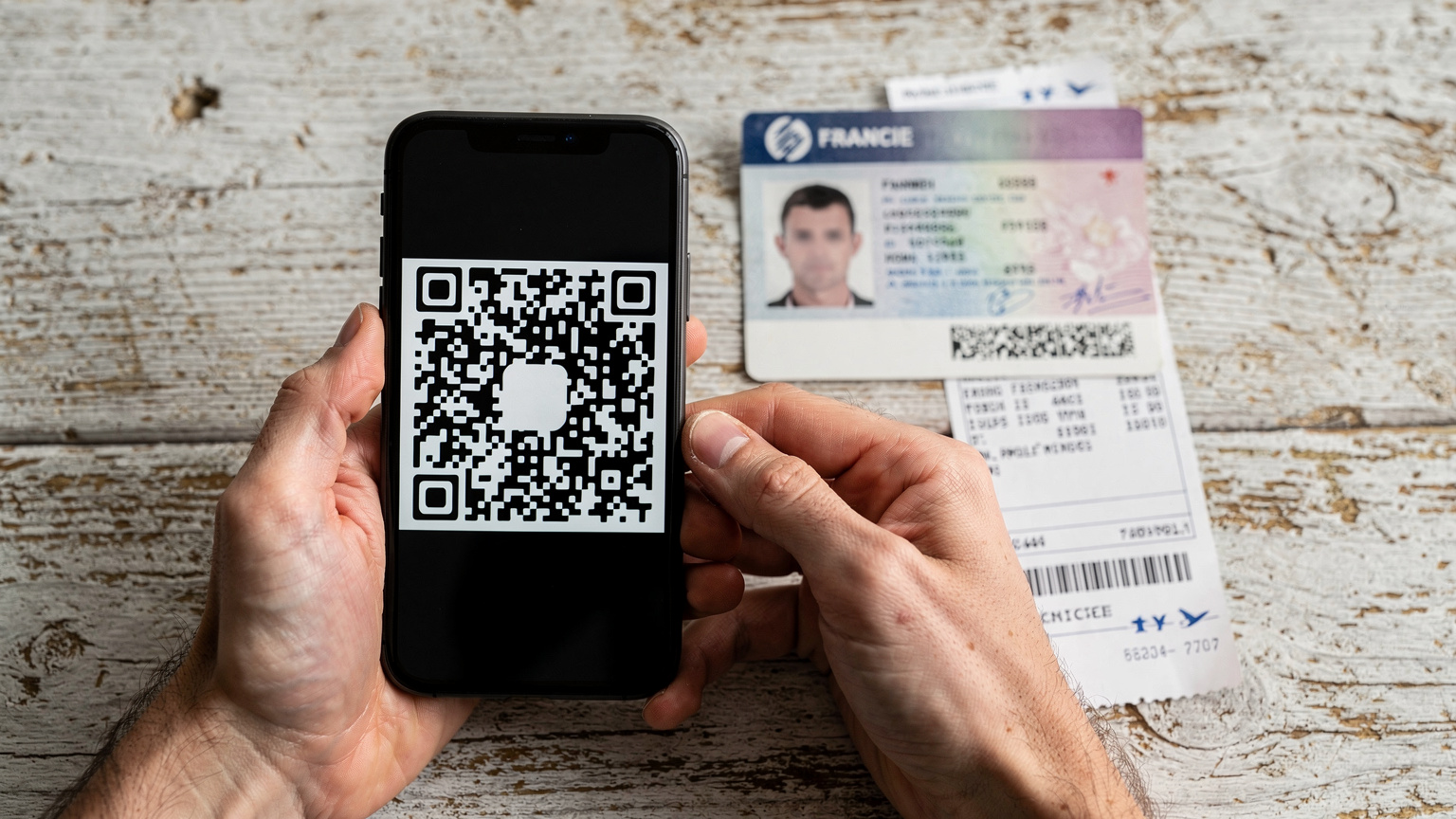 Gros plan sur des mains masculines tenant un smartphone affichant un QR code, posé sur une table en bois clair à côté d'un passeport français ouvert et d'un billet d'avion imprimé.