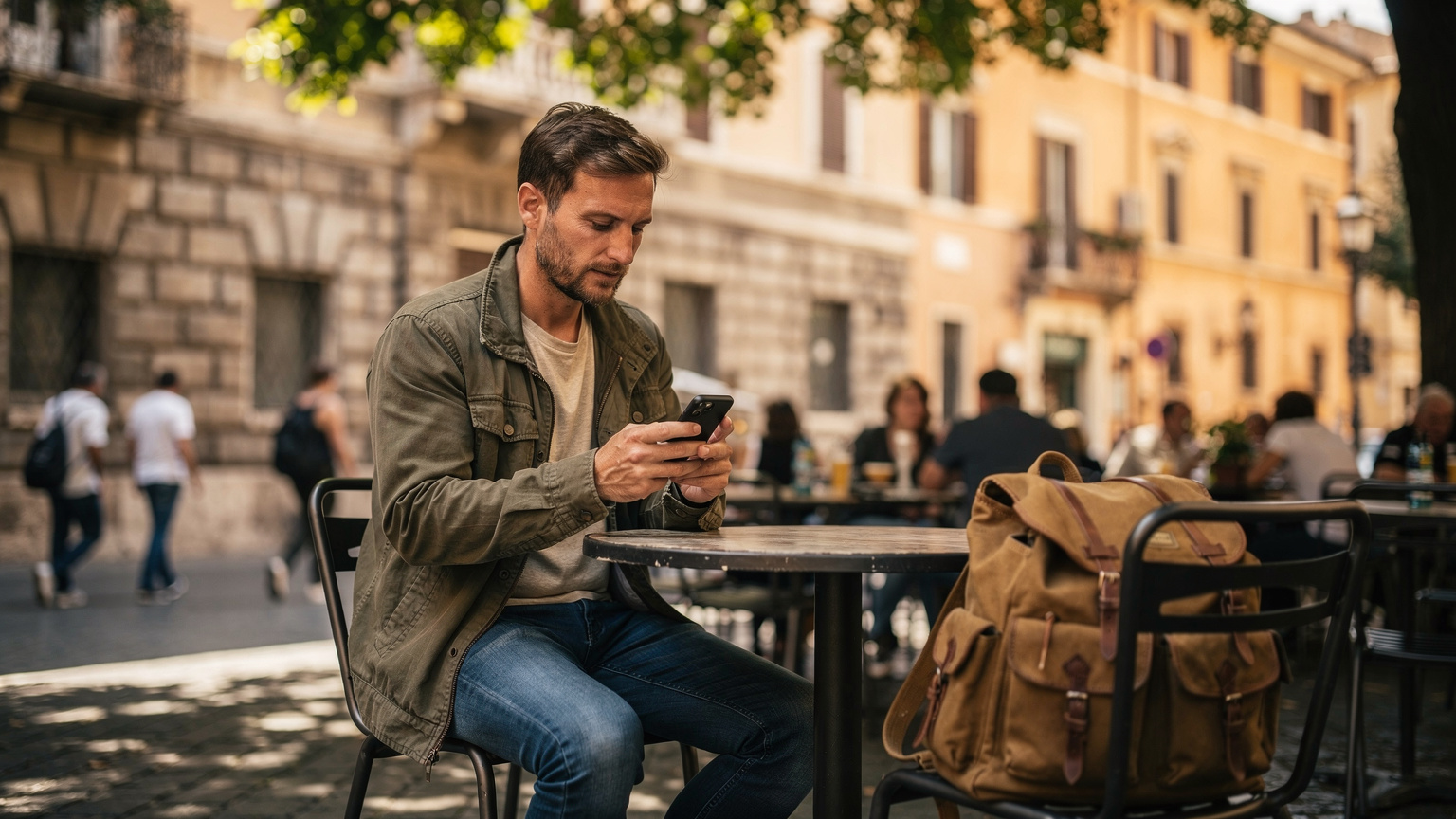 Un homme avec un sac à dos en tissu, assis à une petite table sur une terrasse de café animée à Rome, concentré sur son smartphone. En arrière-plan flou, on aperçoit des bâtiments historiques et des passants.