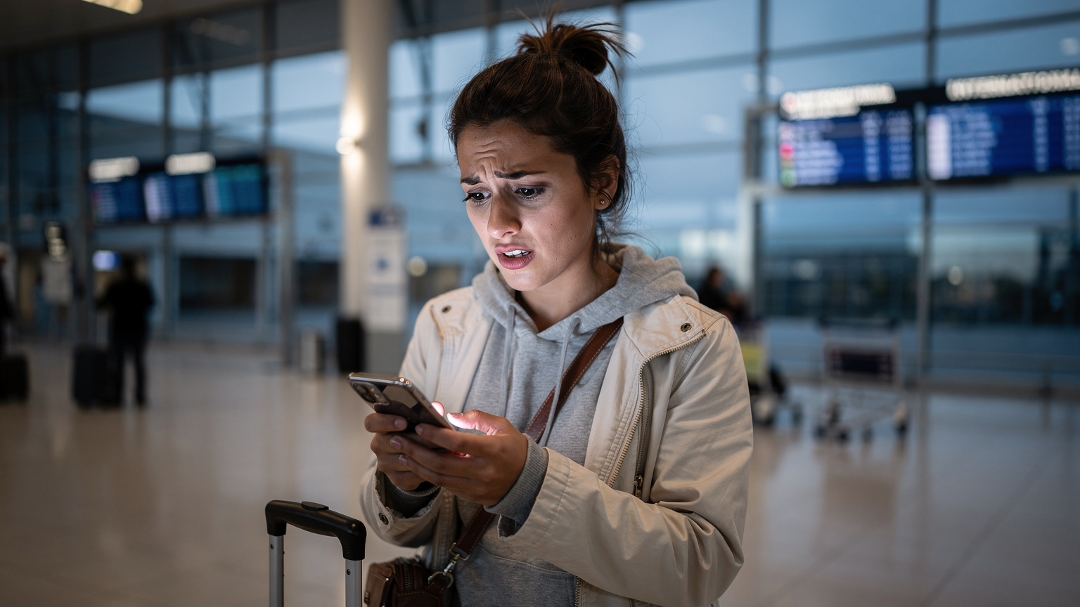 Una mujer viajera frustrada en el aeropuerto de Montevideo, sosteniendo su teléfono y consultando una pantalla de 'Sin Servicio', con la luz tenue de la mañana en la terminal.